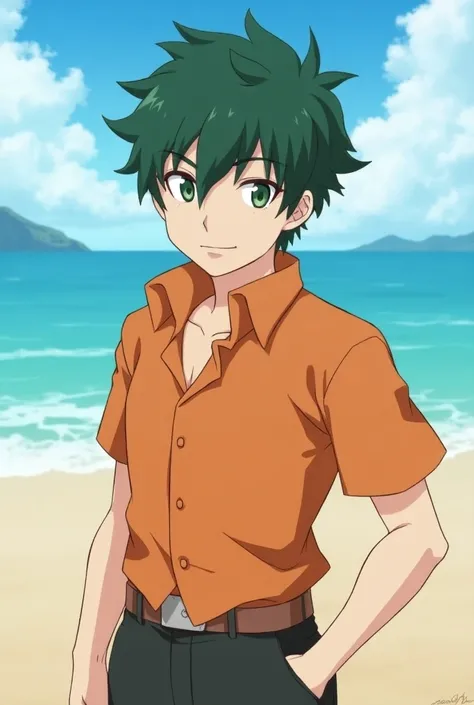 A handsome anime guy  ((High resolution))  with dark green hair, a true Korean story, high quality, “I cut Korean hair, and eyes 
 A wonderful green is standing on the beach wearing a short orange 