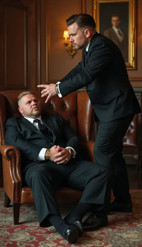 
full length view, a 25 yo angry white skinny man with brown undercut haircut, cheap black suit, white shirt, tie, black cheap footwear, standing pointing and slapping a chubby blond preppy undercut handsome fat boss wearing extremely dapper suit, cufflink...