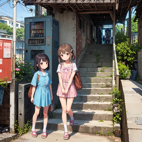 (masterpiece、detailed anime)、(three cute girls、three elementary school girls、summer clothes)、( old and dirty stairs in the housi...