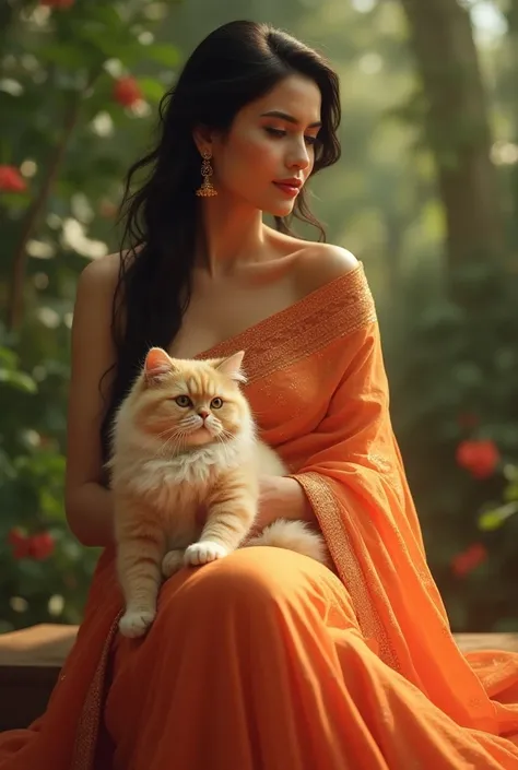 Bollywood heroine Katrina kaif holding a cat in her lap. Katrina wearing a saree. Cat is golden color. Persian cat
