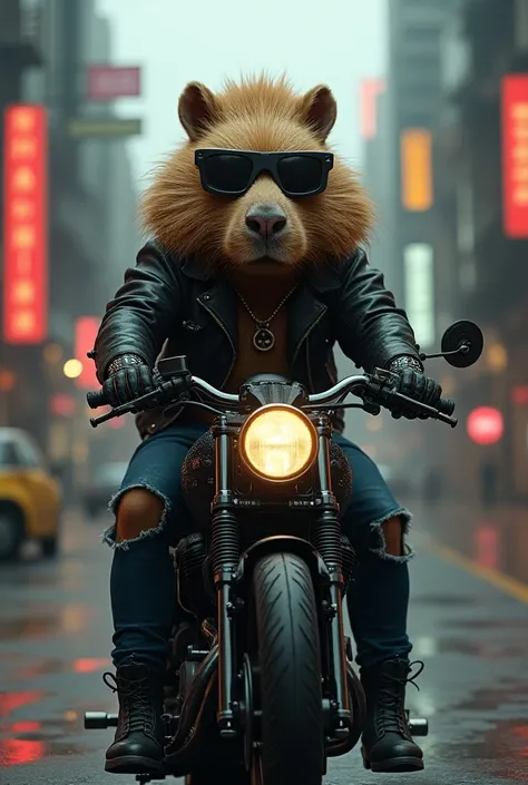 A capybara with the punk style and dark glasses riding a motorcycle 
