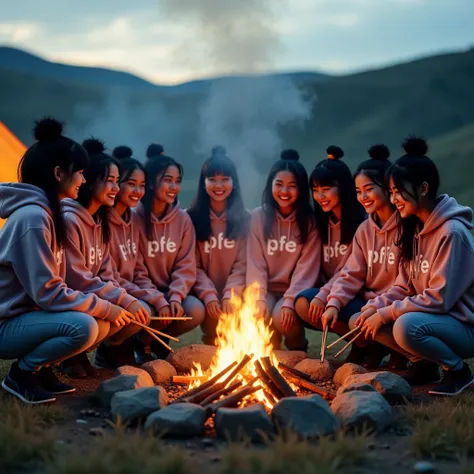  professional photography featuring 10 girls and Indonesian men with black fluffy hair matching, who is wearing a matching hoodie that says  "PFE", medium pose roasting shoes on grill with lots of smoke, cheerfully,  in the background is in the hills and t...