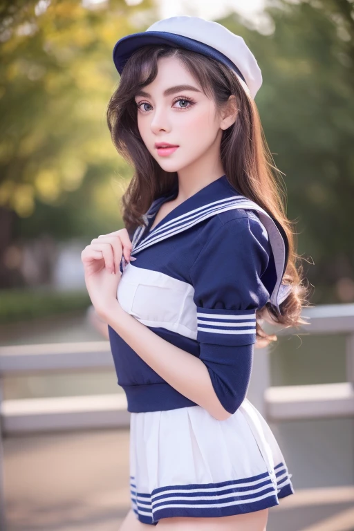 a beautiful young rosia woman, extremely detailed eyes, extremely detailed lips, long eyelashes, beautiful detailed hair, beautiful detailed skin, full body pose in sailor outfit, masterpiece, realistic, surreal, 8k, best quality, ultra-detailed