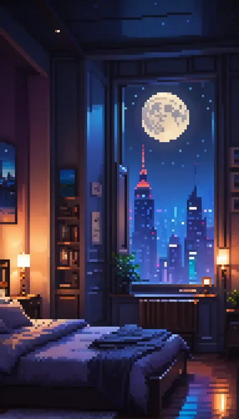 a bed in a room with a window, dark night city view, full moon, lofi, warm lighting, cinematic, moody atmosphere, detailed inter...