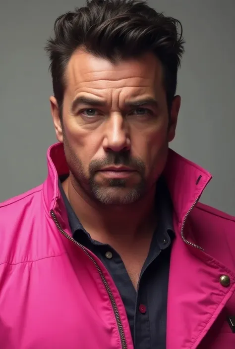 Jeffrey Dean Morgan wearing a pink jacket 
