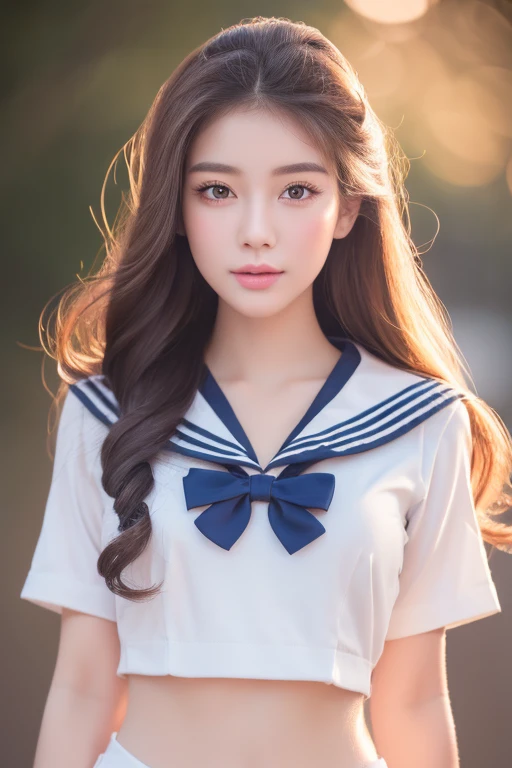 a beautiful young koria woman, extremely detailed eyes, extremely detailed lips, long eyelashes, beautiful detailed hair, beautiful detailed skin, full body pose in sailor outfit, masterpiece, realistic, surreal, 8k, best quality, ultra-detailed