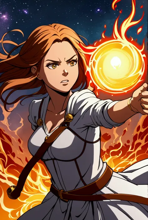 Woman fighting with magic fireball Itze in the background on egs, see 
Fantasy comic 