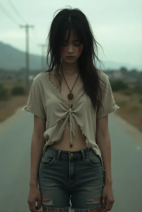 A girl wearing torn shirt and short pant and crying on road