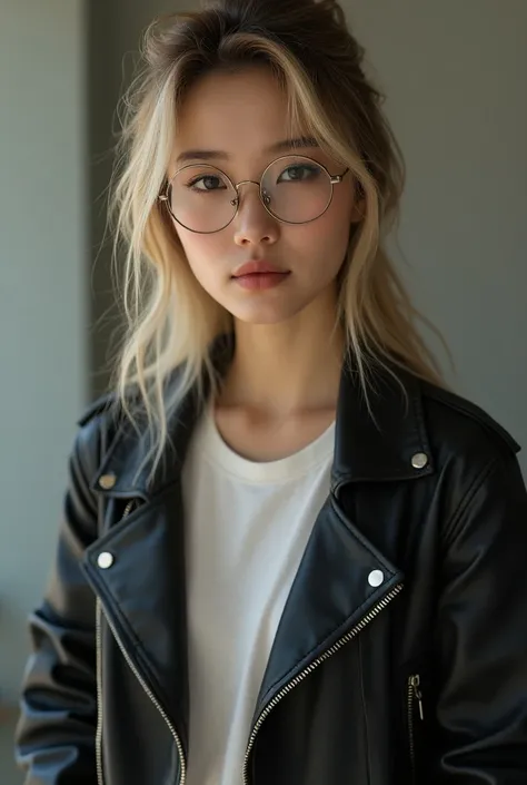 beautiful korean woman with glasses and long messy blonde hair wearing skinny jeans and tshirt with leather jacket