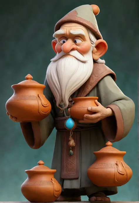 Image of the wise old man holding the three pots