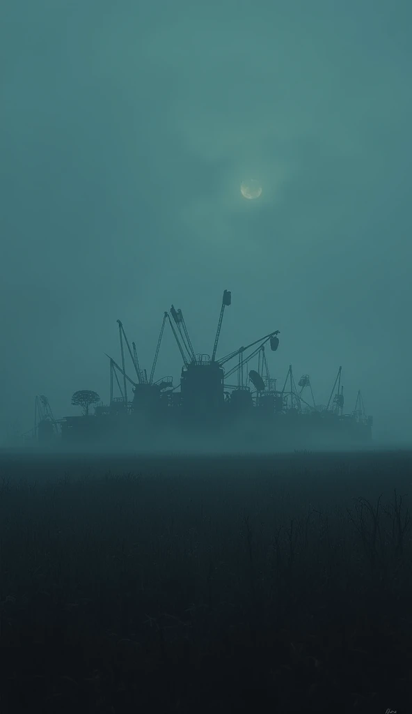 An eerie, desolate field at night with faint mist swirling, and an ominous, abandoned carnival setup in the distance, filled with shadowy, old rides.