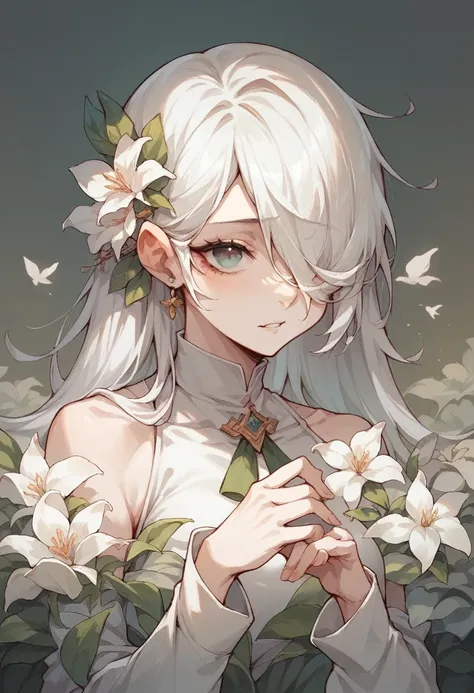 A girl with white hair covering her left eye ， with a hand controlling a flower