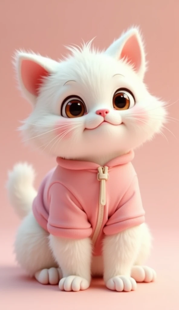 A cute 3D animated cat with big brown eyes and white fur wearing a simple pink shirt 