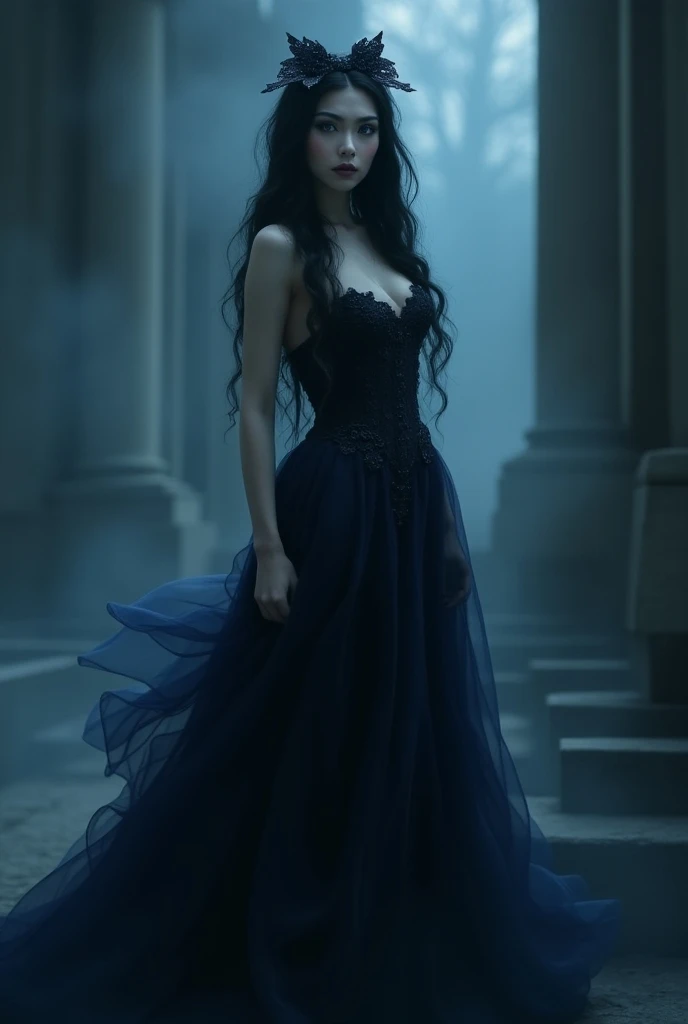 Gothic woman blue eyes bow on her head long hair long dress big legs and 