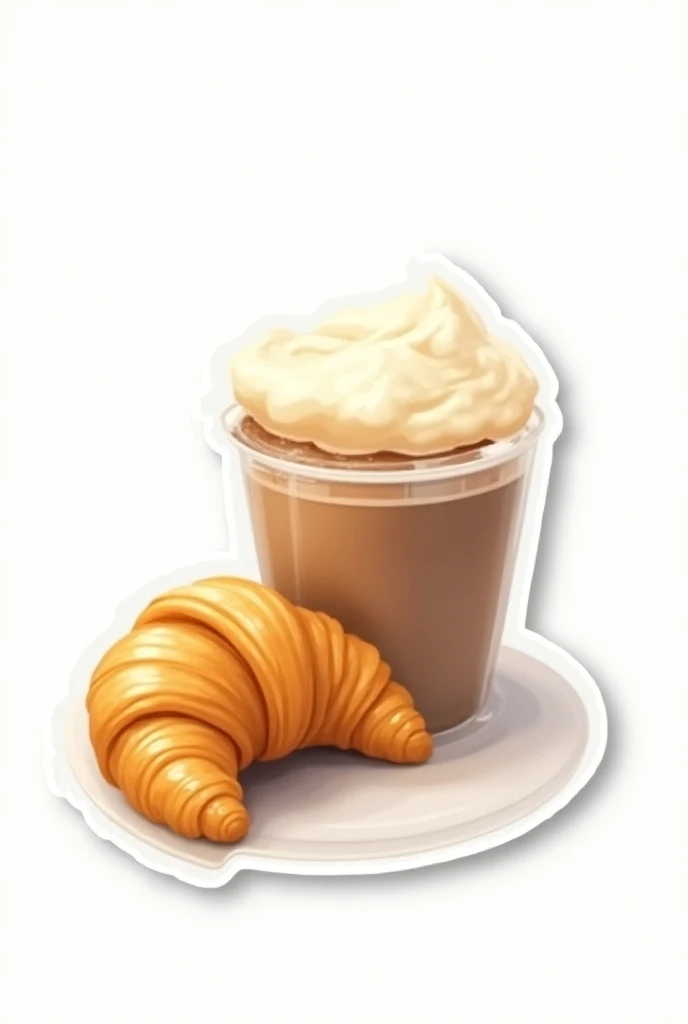  Beautiful sticker on a white background ,  3D illustration style image. A cup of coffee with a croisson 