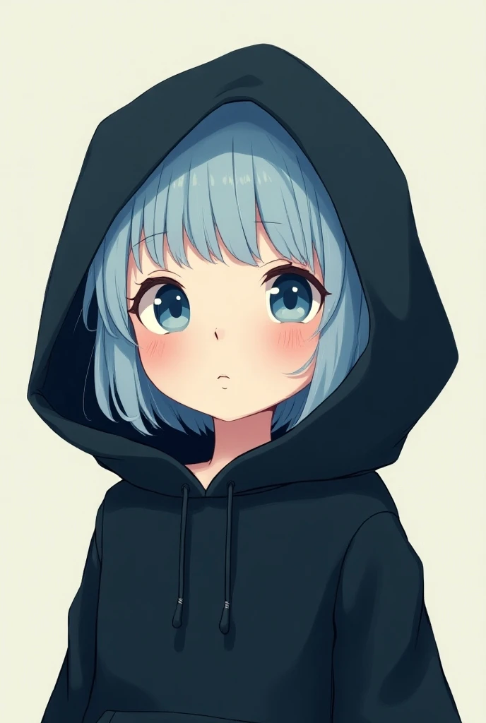  3x3 illustration image of a girl with white skin , Create a , blue eyes,  light blue hair and a large black hoodie, and a hood
