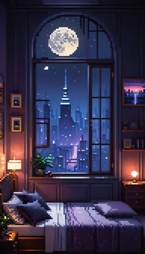 a bed in a room with a window, dark night city view, full moon, lofi, warm lighting, cinematic, moody atmosphere, detailed inter...