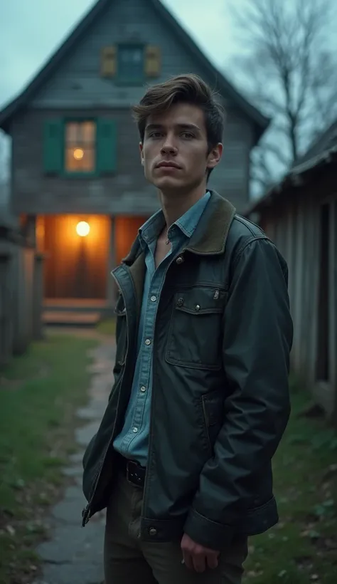 A confident young man standing near an old village house, dismissing the eerie stories, with a slight smirk on his face, city lights far behind.