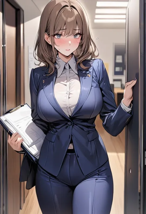 (( best quality)), ((masterpiece)), ( details), (1 girl), sexy,  with bright brown hair and a 120cm bust,  holding a file in her...