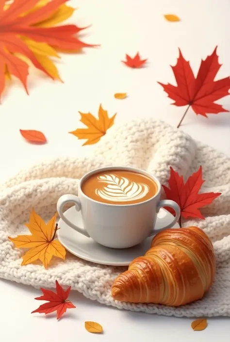  Beautiful sticker on a white background ,  3D illustration style image. A cup of coffee with a croisson , autumn leaves, scarf