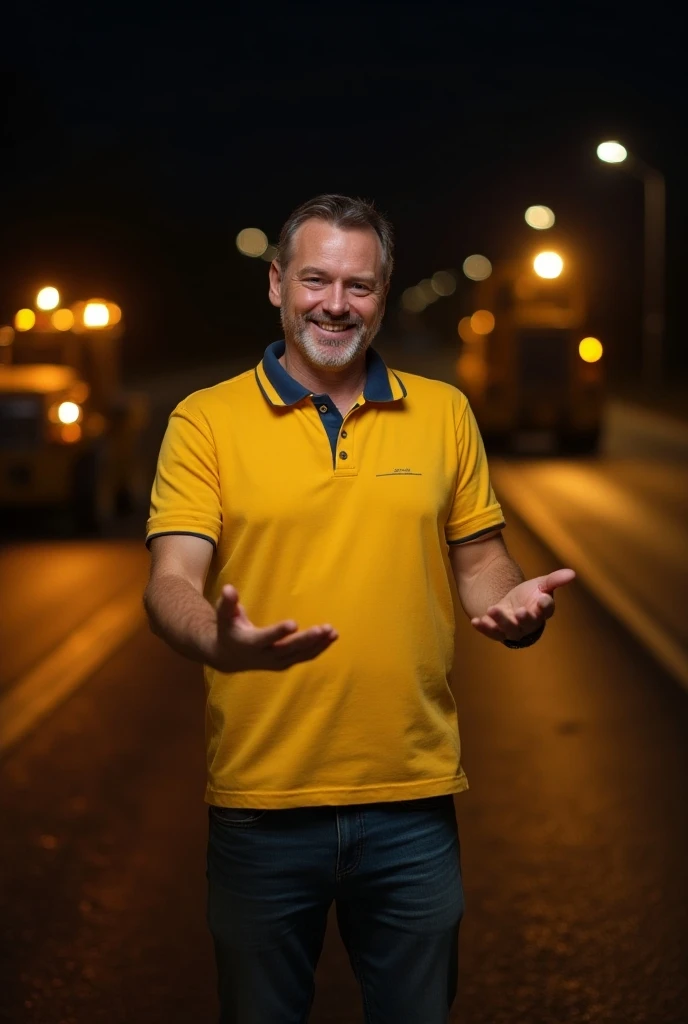  A man in yellow polo , smiles, flesticulating with his hands ,  Russian road repair workers are working in the background ,  professional photo ,  made at night ,  A man in yellow polo is illuminated by backlights from asphalt paver lights, 