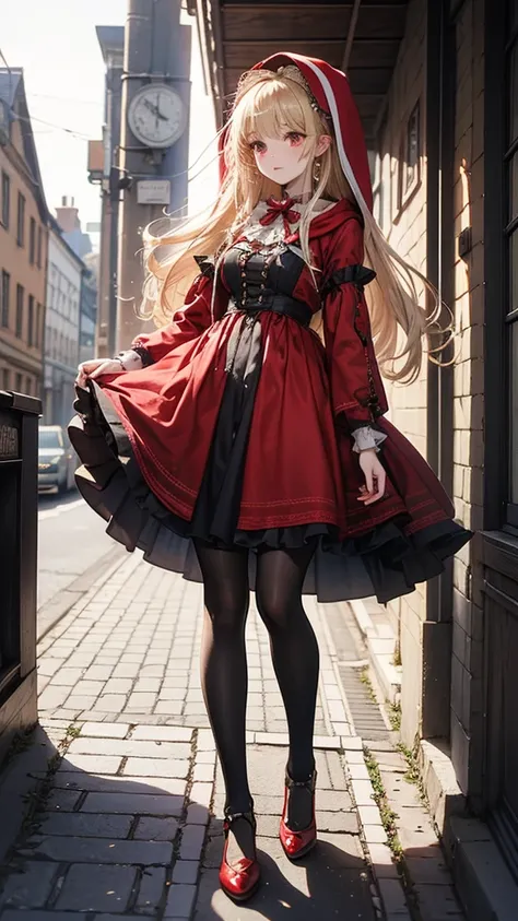 Highest quality, masterpiece,Windblown Hair, Shining Eyes, steampunk style, Light clothing, red clothes, 、Little Red Riding Hood、Hood wearing a hood,  full body standing picture depicting an anatomically correct , Blonde,  foot out of the frame on the side...