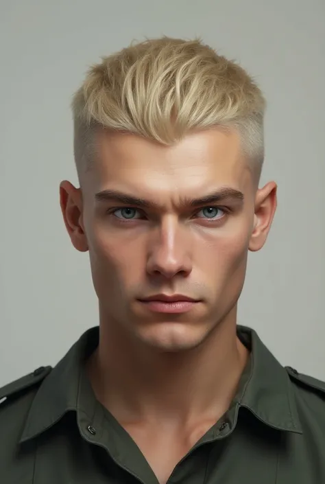 A caucasian man with (a very short male-style crew-cut blonde hair), no makeup