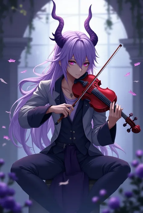 Anime man, long hair, light purple, red left eye, purple right eye, handsome dragon horn, playing violin