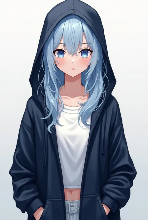  creates a sharp 3 x 3 illustration image , A beautiful girl with white skin ,blue eyes,  light blue hair and a large black hoodie, and a hood, The style is good and the inner is a white t-shirt with a white t-shirt, so you can see your stomach slightly
