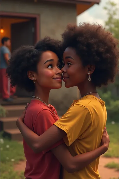  A black teenager with her brown mother embracing , with the eyes of those who truly love each other , The landscape:  their humble house
The white brother in the back watching TV