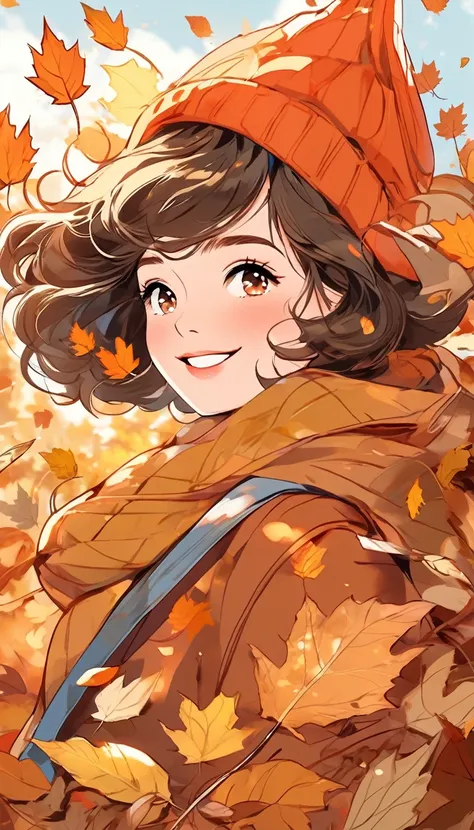 doodle art, cute woman, obsessed with catching fallen leaves, happy, shy, smile, glossy silky messy short hair, amorous expression, cortesy, elegance, dignity, captivating eyes, curvaceous, wearing autumn color fashion, various effects, delicate and dynami...