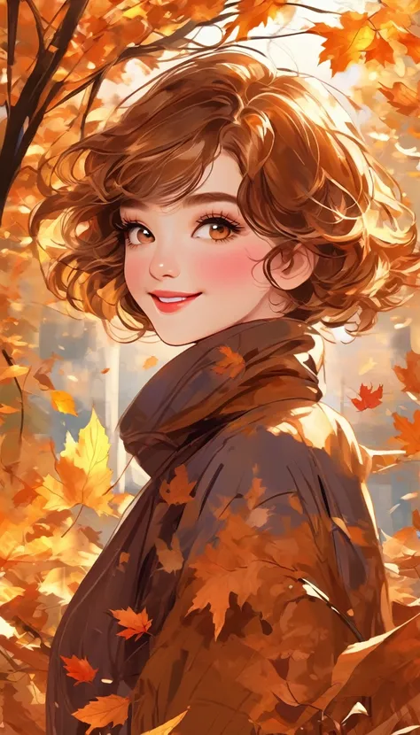 doodle art, cute woman, obsessed with catching fallen leaves, happy, shy, smile, glossy silky messy short hair, amorous expression, cortesy, elegance, dignity, captivating eyes, curvaceous, wearing autumn color fashion, various effects, delicate and dynami...