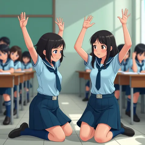 Side view of two Indian high school girls wearing light blue short sleeve and dark blue skirt blue large buckel square buckle belt and dark blue tie black shoes socks kneeling in the corner of the class room against the wall with their hands stretching str...