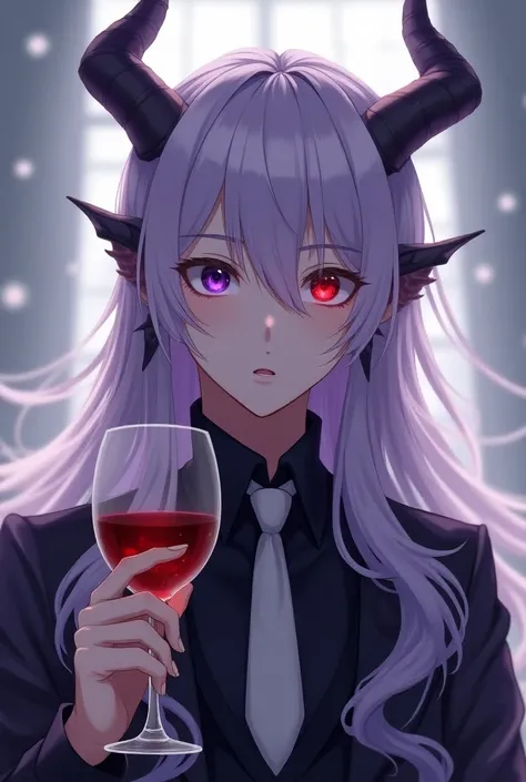 Anime man, long hair, light purple, red left eye, purple right eye, with dragon horns, drinking wine