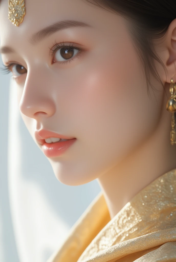 An extreme close-up portrait of a beautiful Thai woman, her skin illuminated by a soft, bright white light that casts pure, clean reflections. The fine gold textures in her clothing stand out against the white tone, creating a striking contrast. From the s...