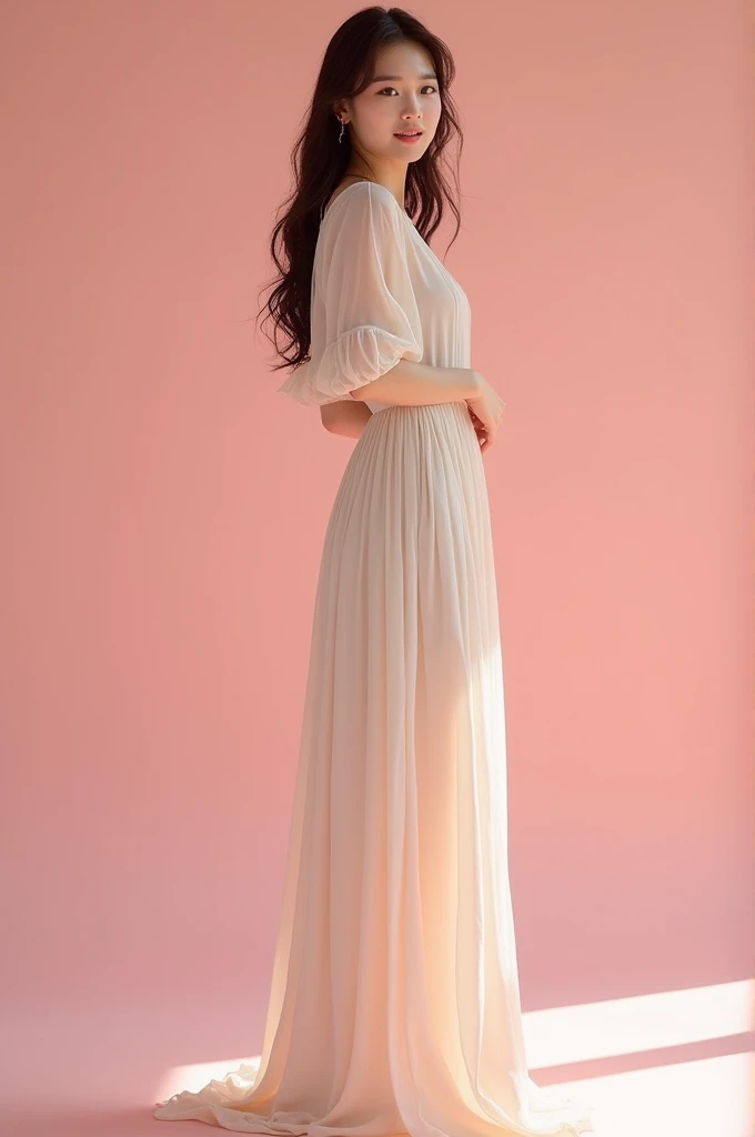 1 beautiful Korean girl, 20 years old, wearing a long maxi dress, standing in a studio photo, pink wall background