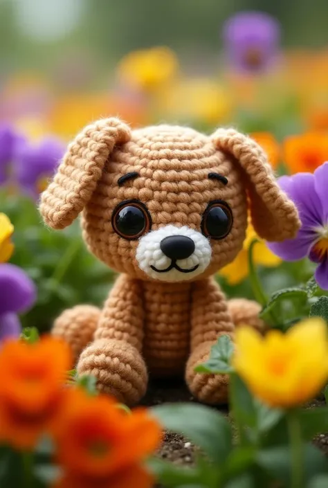 "A cute and adorable crocheted plush puppy, amigurumi sitting amidst a vibrant and colorful flower garden. The stuffed puppy has large, expressive eyes and a sweet, smiling expression. The garden is full of purple, orange, and yellow flowers blooming, crea...