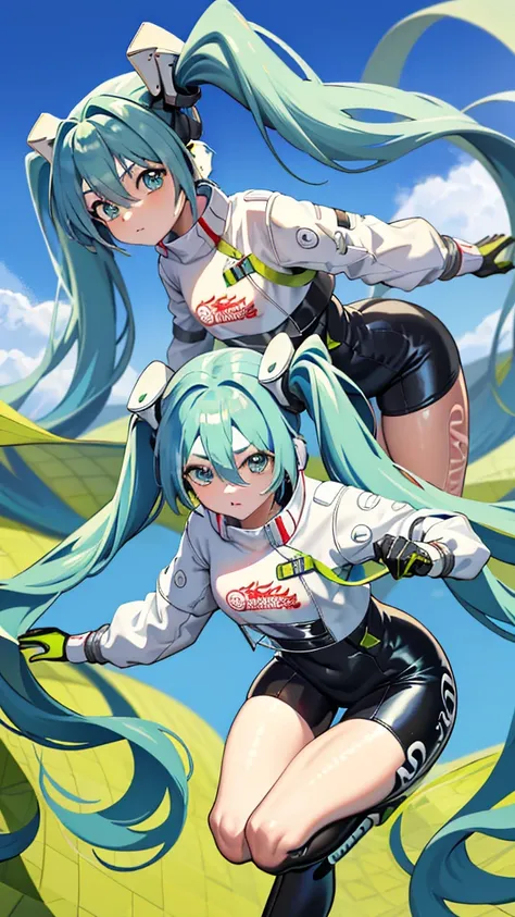 ( Best Quality ,  high res  , super detailed ,actual), Hatsune Miku, Big Boobs, Dynamic poses , Dark green hair, (Twin ponytails) , 很Long头发, Blue Eyes, bright eyes, Relaxed face,  hairs on eyebrows , Shiny Hair, shiny skin ,  faint smile , Hatsune of racin...