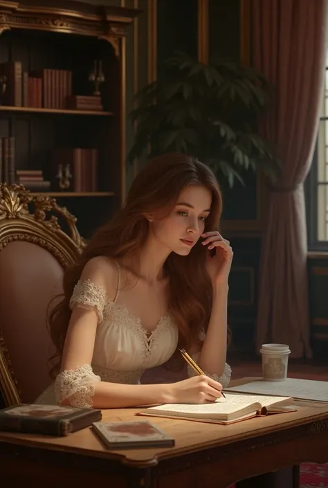 A rich girl studying in her room 