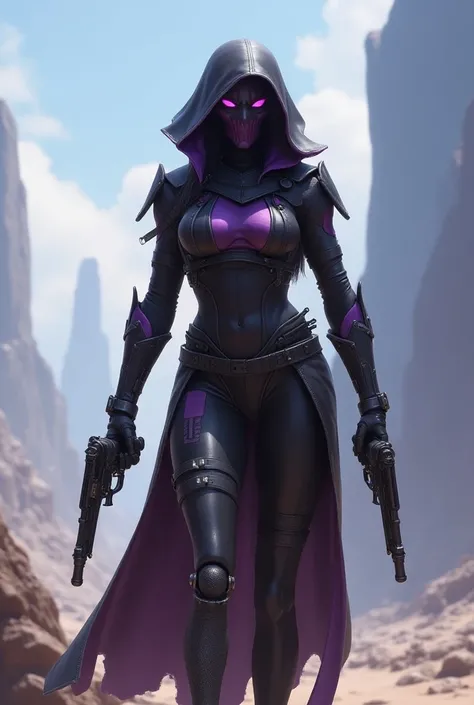 1woman, plague doctor mask, Overwatch style, Talon, antagonist, dual revolvers, futuristic, prosthetic left leg, high quality, black and purple, SFW, armor, face hidden, no skin shown