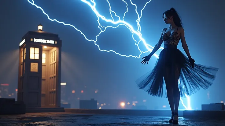 (Wide and low angle view). (With hand extending forward, a female magician is emanating a blue energy in the form of lightning bolts with the electric glow), wearing a black ethereal translucent short tulle dress, leopard-print sling top, an telephone boot...