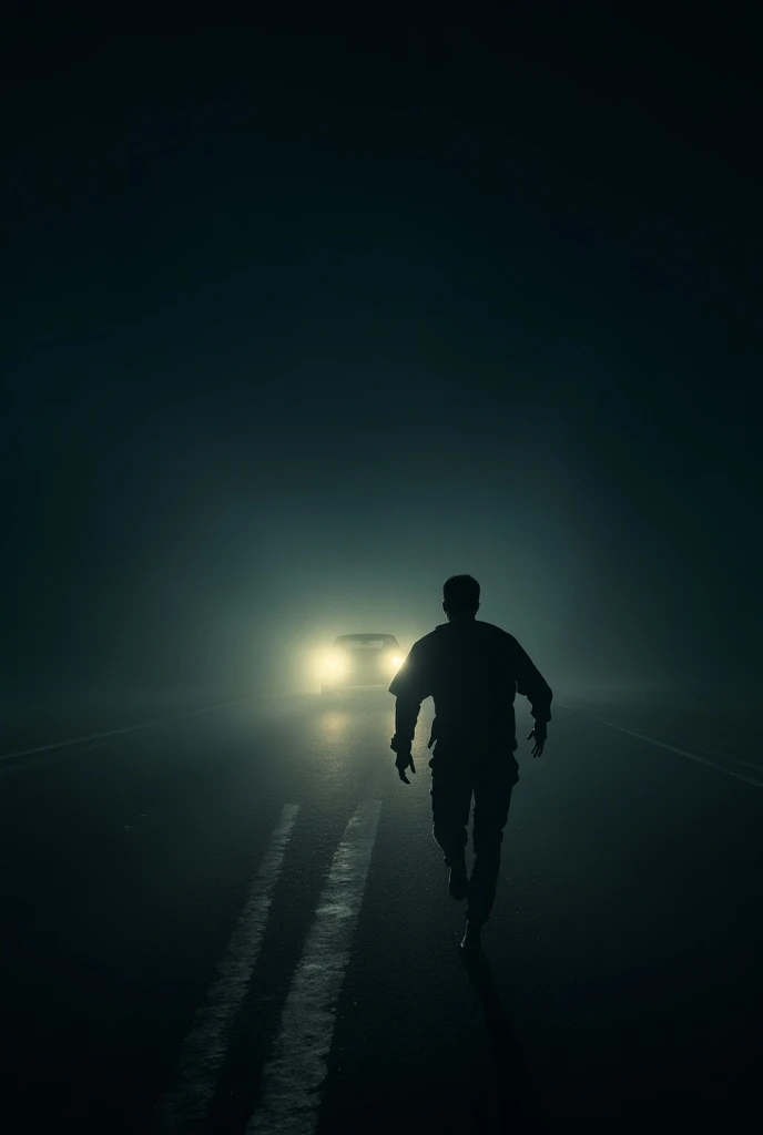 One man runs towards one car on a deserted road at night horror