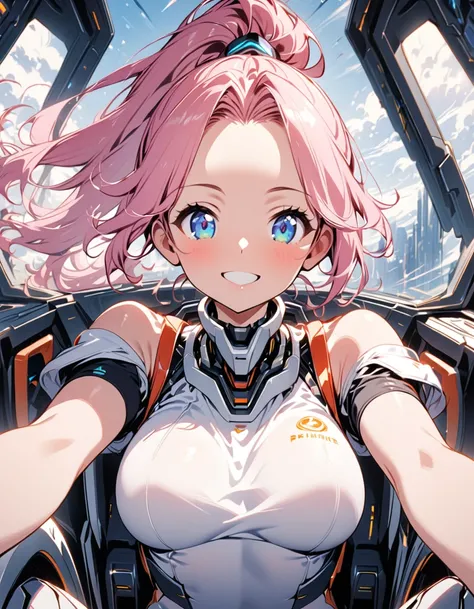 One Girl、 pink hair、 ponytail、Showing his forehead、future、Sitting in the cockpit of a 、White tank top、Sitting in the cockpit of a robotic weapon、A big smile、、delicate、 slender、beautiful girl