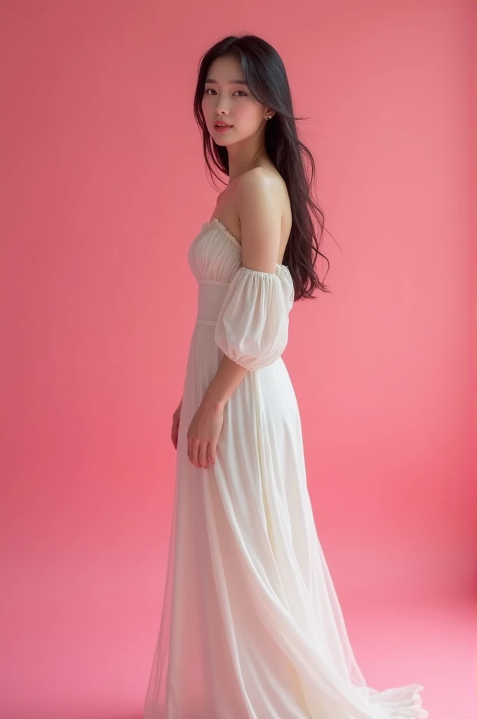 1 beautiful Korean girl, 20 years old, wearing a maxi dress, standing in a studio photo, pink wall background