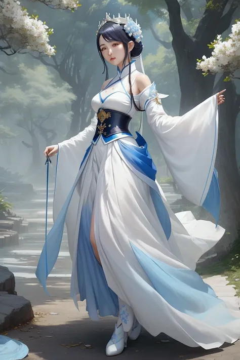 Close up of a woman wearing a white top and blue skirt, Full body fairy, Popular on cgstation, Art Garmi and Luangjia , Ruan Jia and ArtJam, , Beautiful seductive anime woman,  Beautiful Fantasy Empress , White Hanfu, Cheerful, Inspired by Chung Fenghua, J...