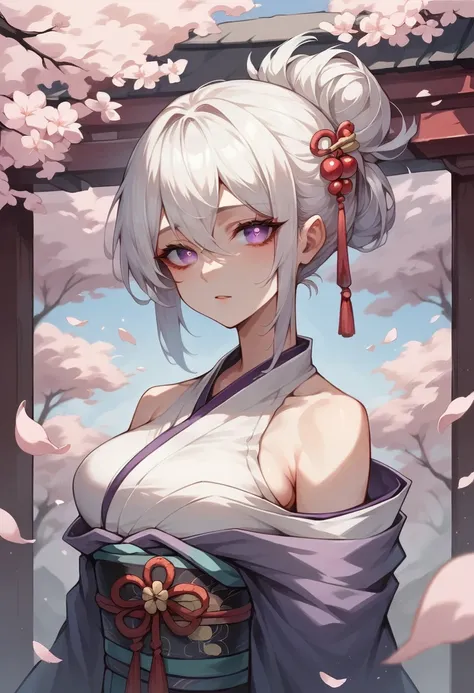 Cover your right eye，white hair，Cherry blossoms，Purple pupils，Girl，kimono