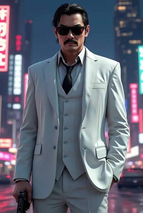 Create an image of a Chinese mobster with black hair, a thin mustache, an evil face in a white suit, a background of a beautiful big city and realistic GTA V style sunglasses