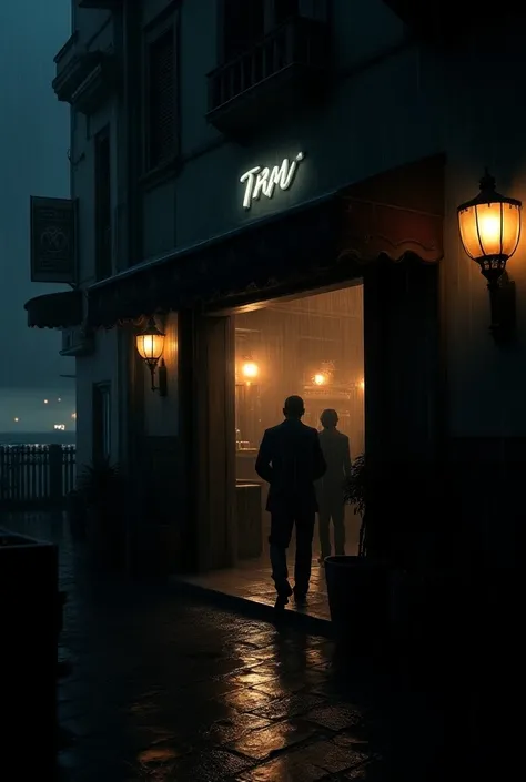 1940s Casablanca style bar entrance by the sea. Rainy night.