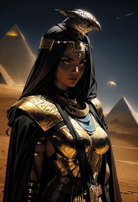 ancient dark fantasy, strong female egyptian warrior-priest with falcon head, strong woman sacred knight, falcon head, high quality, in desert, night, pyramid on background