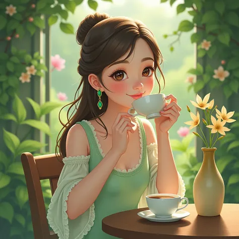 girl, s, beautiful,  light brown eyes and hair, smiling, delicate emerald earrings,  wearing a light green dress , drinking tea in the garden .